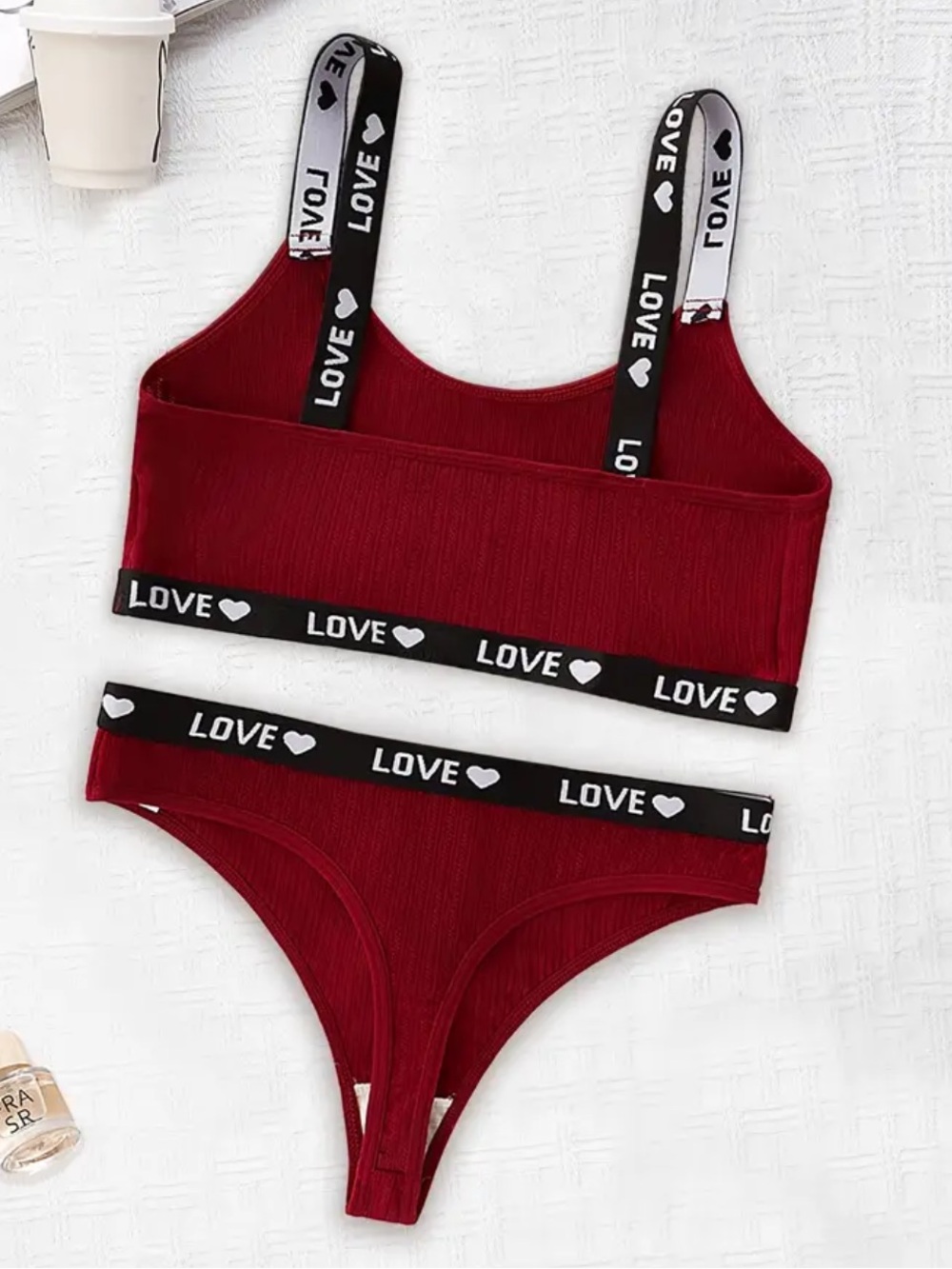 Deep Red, Sporty, Love Graphic, Lingerie Set - Picture 2 of 7